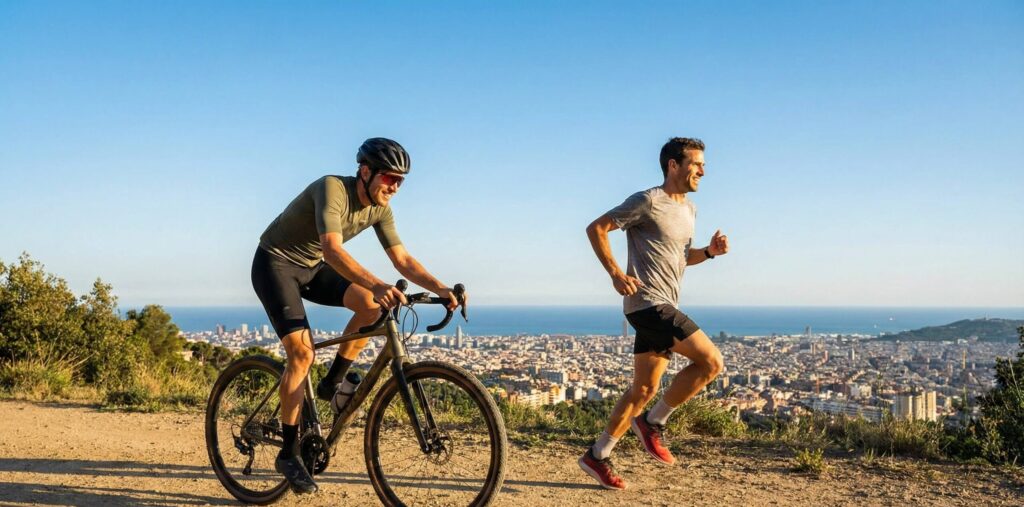 ciclista y corredor entrenando al amanecer en la montaña con vistas a la ciudad
