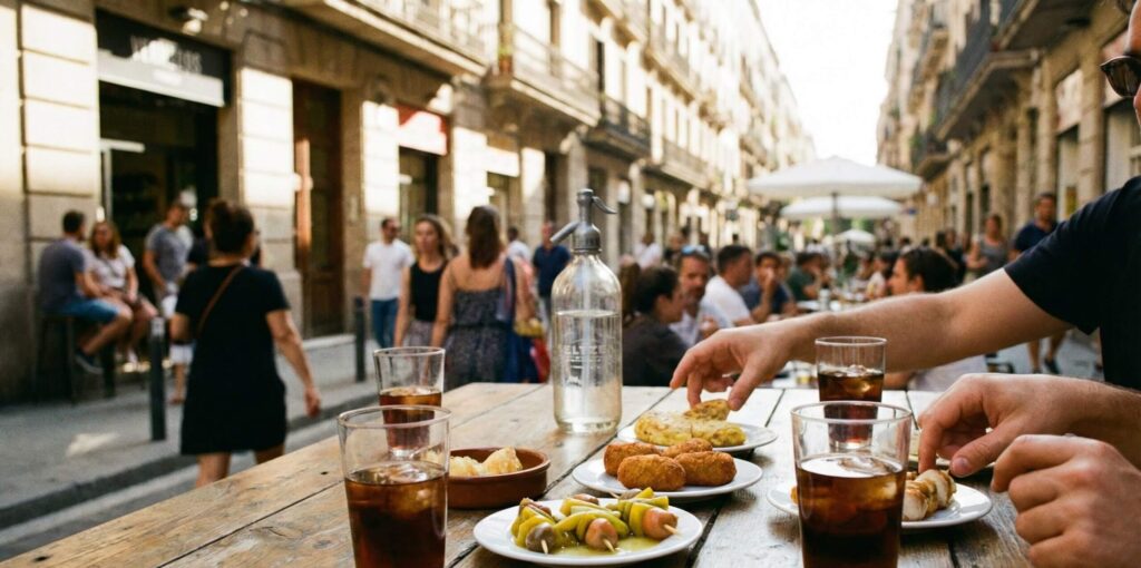 tapas y bebidas en terraza al aire libre en una calle concurrida