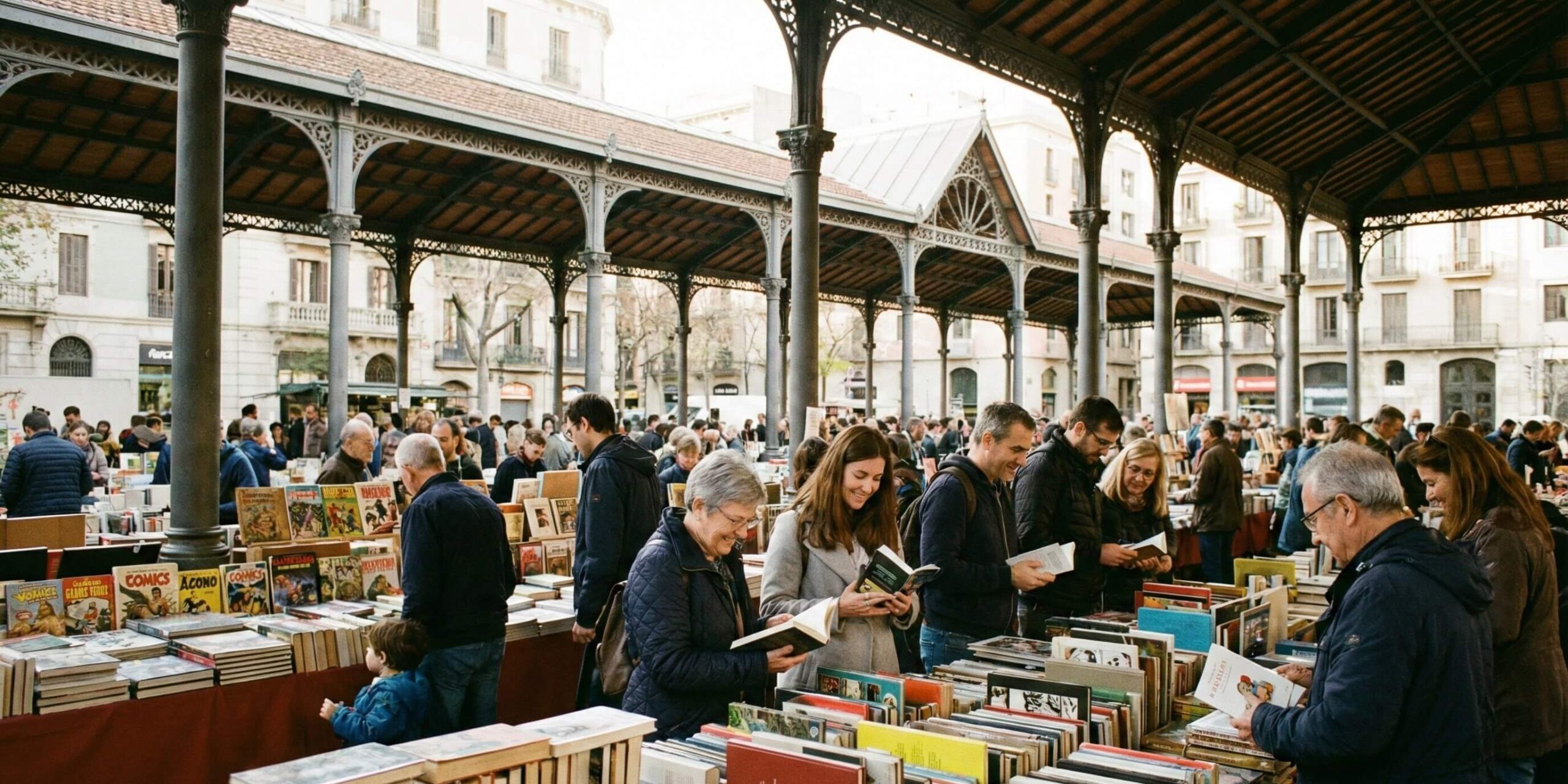 mercado de libros al aire libre con personas comprando en puestos cubiertos