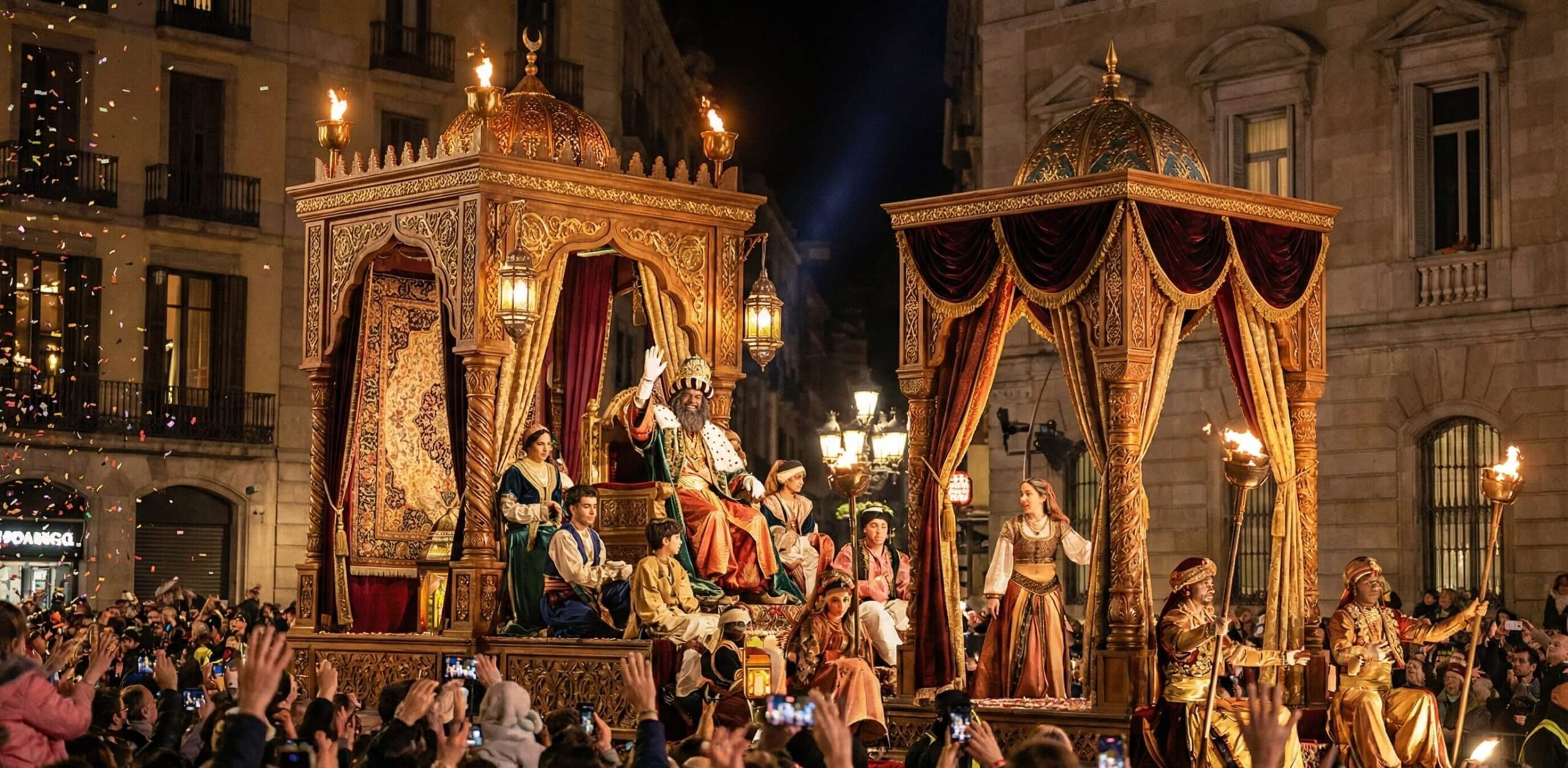 Carroza de los Reyes Magos en la cabalgata de Barcelona rodeada de público y decoración dorada.