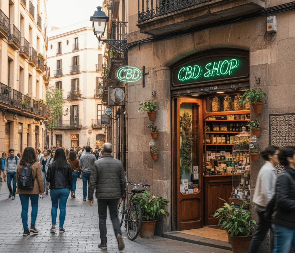 Calle peatonal del barrio de Gràcia o Born en Barcelona, mostrando la fachada de una pequeña tienda de CBD con un cartel de neón verde 'CBD Shop'. Gente paseando desenfocada al fondo, ambiente urbano diurno