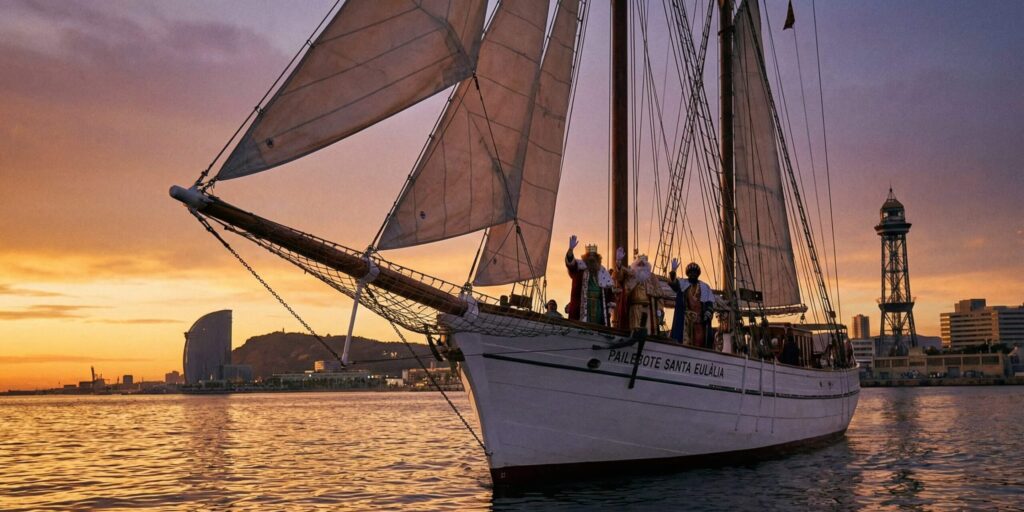 Reyes Magos llegando en barco al puerto de Barcelona al atardecer.