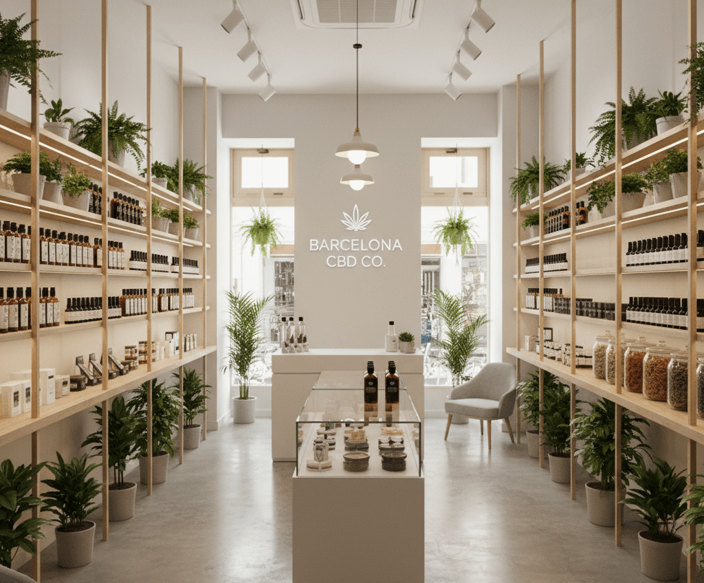 Interior luminoso de una tienda de CBD moderna en Barcelona, estilo boutique, con estanterías de madera, plantas verdes y frascos de aceites y flores de CBD organizados. Diseño minimalista y elegante