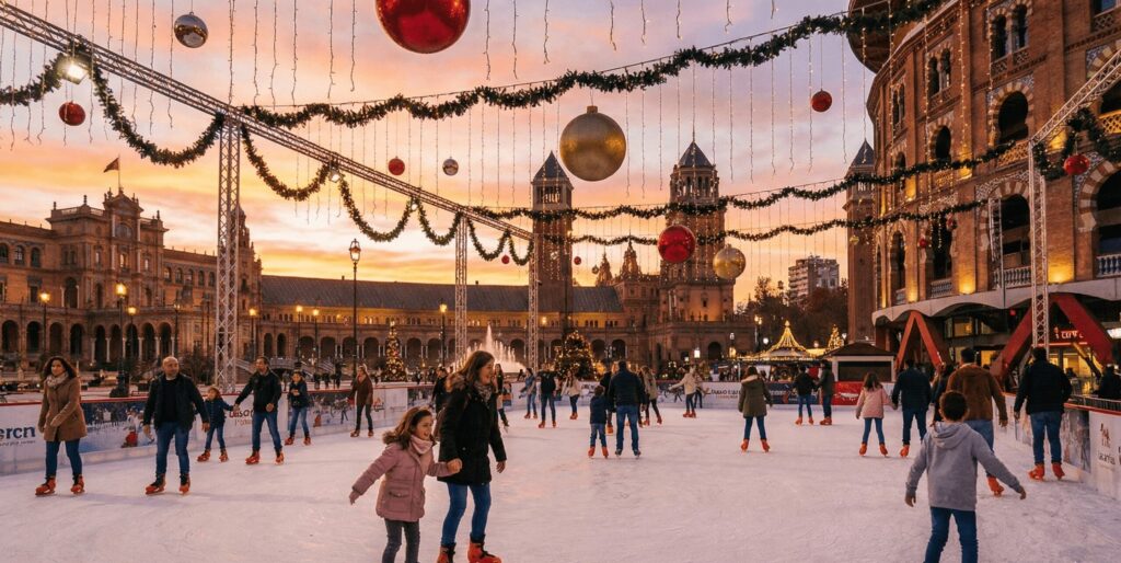 Personas patinando en una pista de hielo navideña exterior decorada con luces y bolas al atardecer.