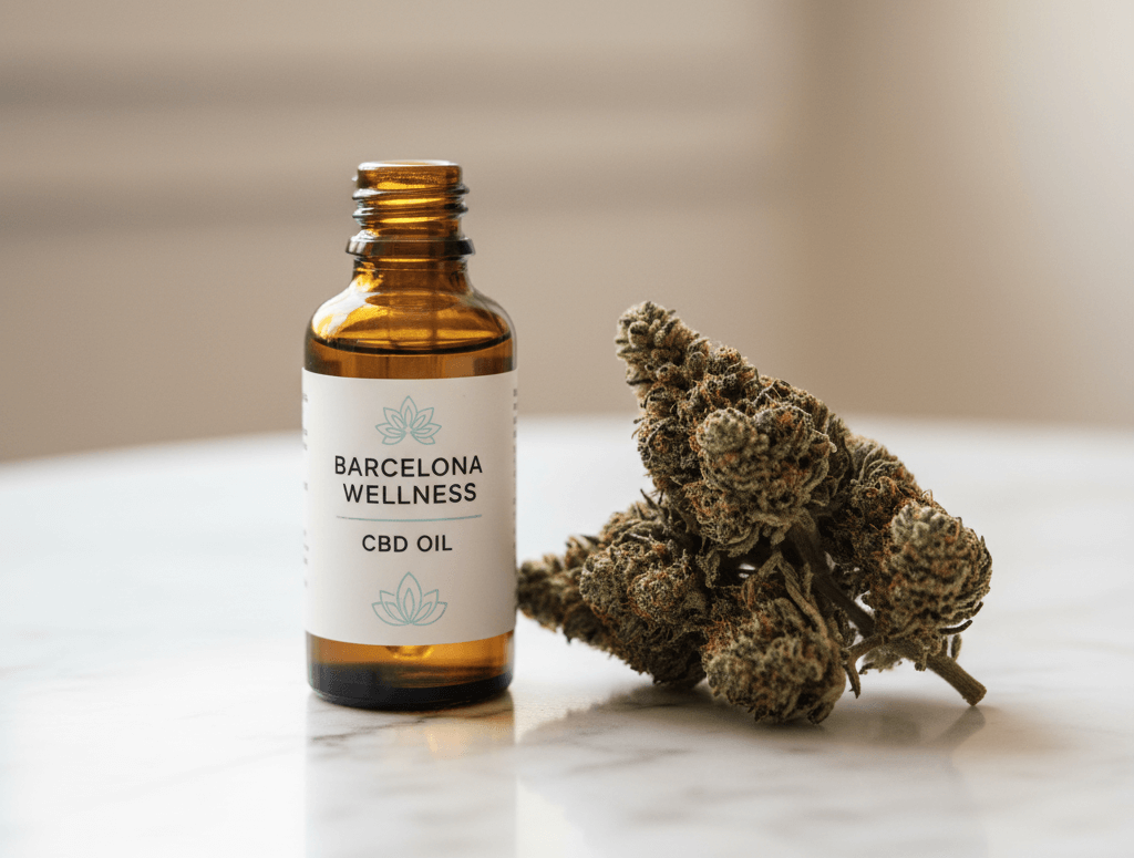 Primer plano macro de un frasco de aceite de CBD de cristal ámbar con etiqueta 'Barcelona Wellness CBD Oil' junto a dos flores de cáñamo secas (cogollos) sobre una superficie de mármol blanco. Iluminación natural suave y estilo wellness