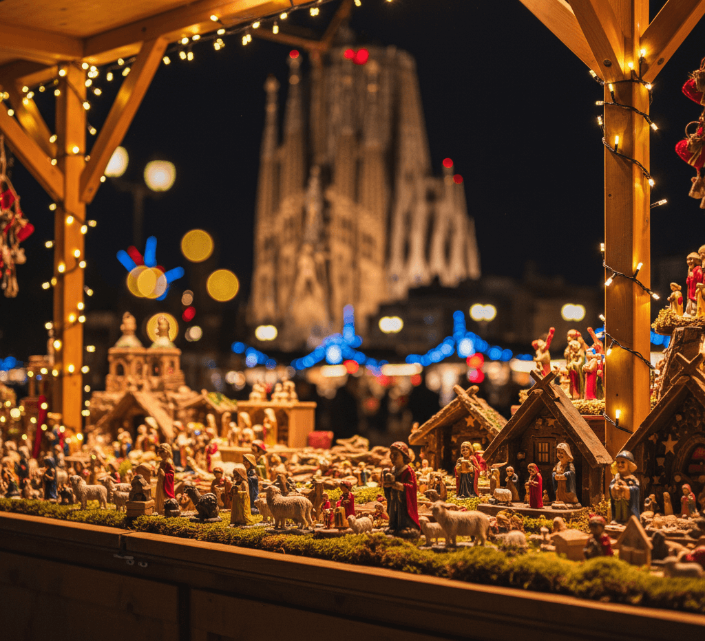 Pesebre iluminado en un mercado navideño con la Sagrada Familia desenfocada al fondo durante la Navidad en Barcelona