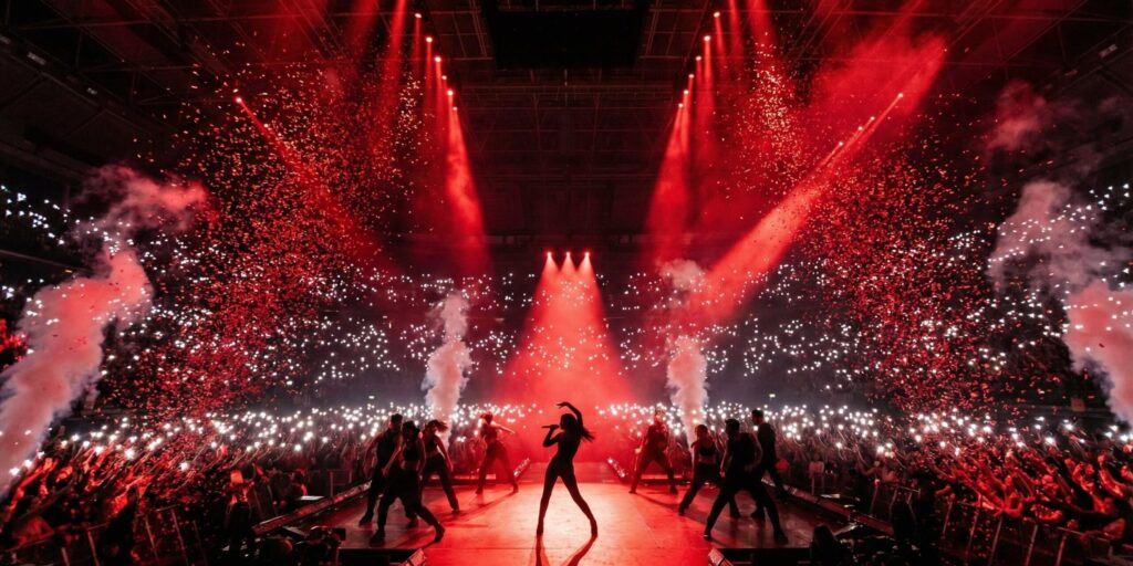 Espectáculo musical en gran estadio con iluminación roja y público con linternas.