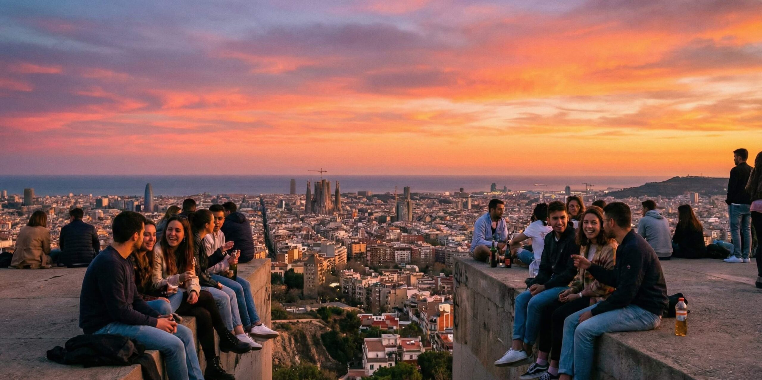 Personas disfrutando del atardecer desde un mirador en Barcelona con vistas a la ciudad y el mar