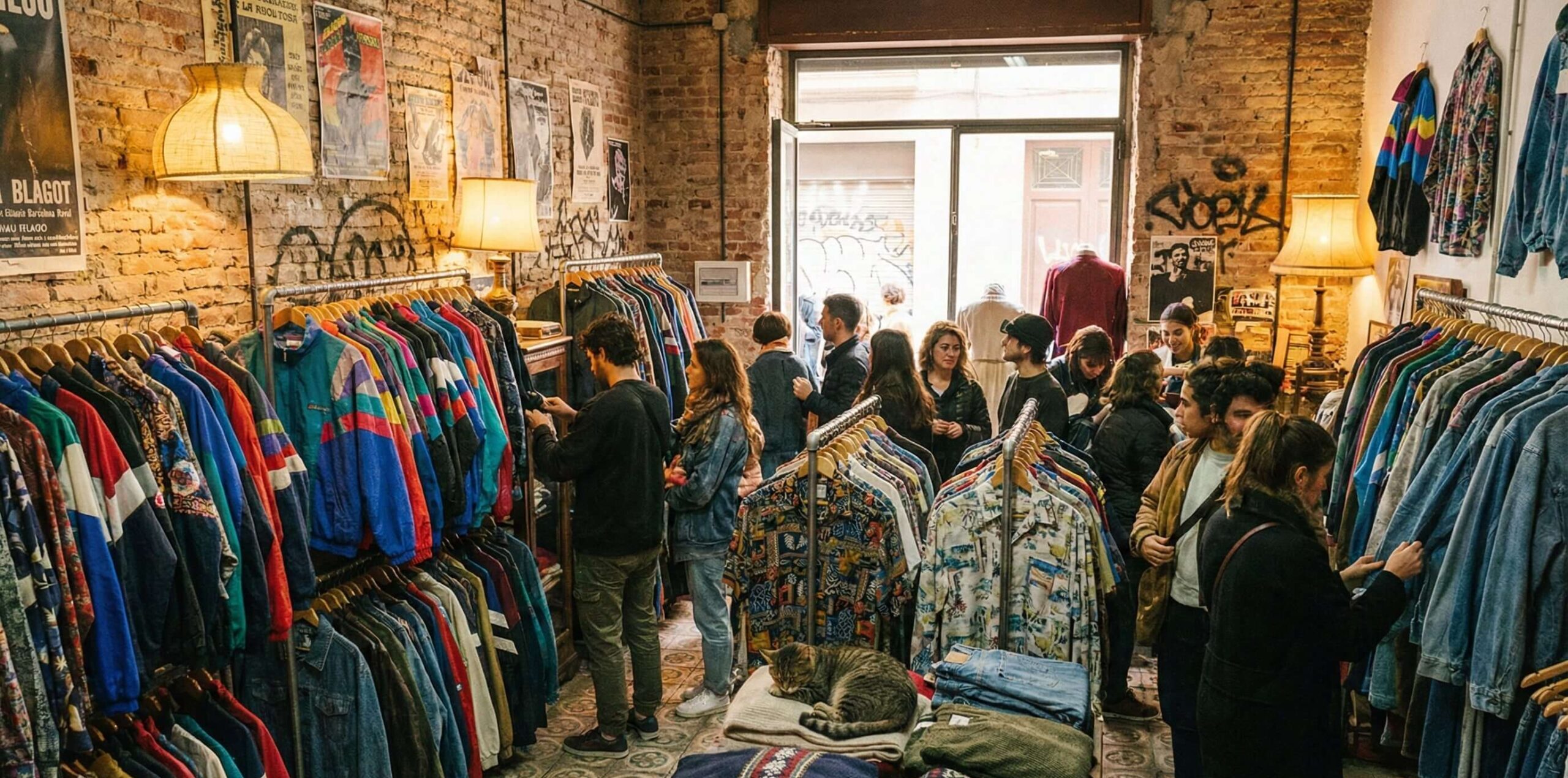 Interior de tienda de ropa vintage en Barcelona con chaquetas y camisas retro