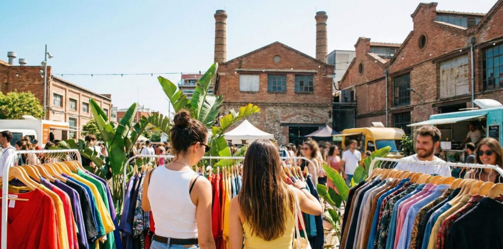 Mercado vintage al aire libre en Barcelona con ropa de segunda mano