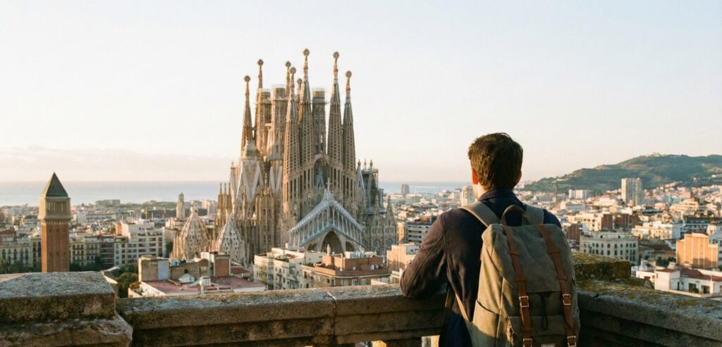 Vista de la Sagrada Familia desde un mirador de Barcelona al amanecer