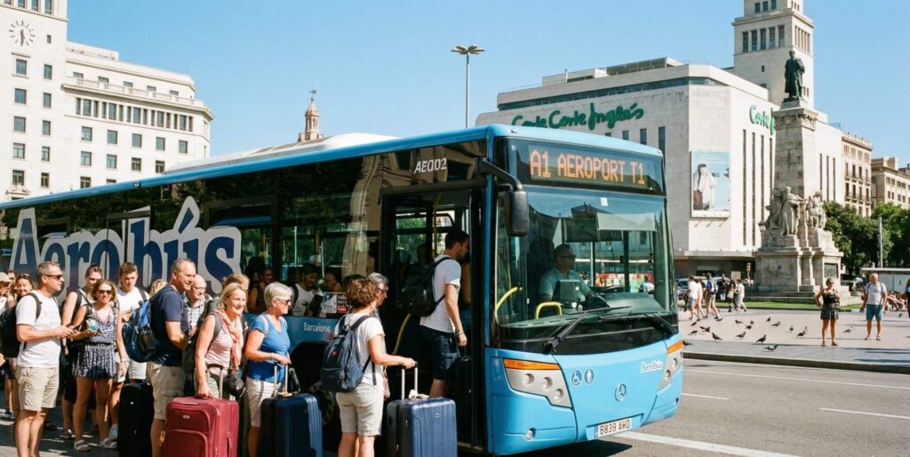 Autobús Aerobús A1 en Plaça Catalunya recogiendo pasajeros con maletas hacia el aeropuerto de Barcelona.