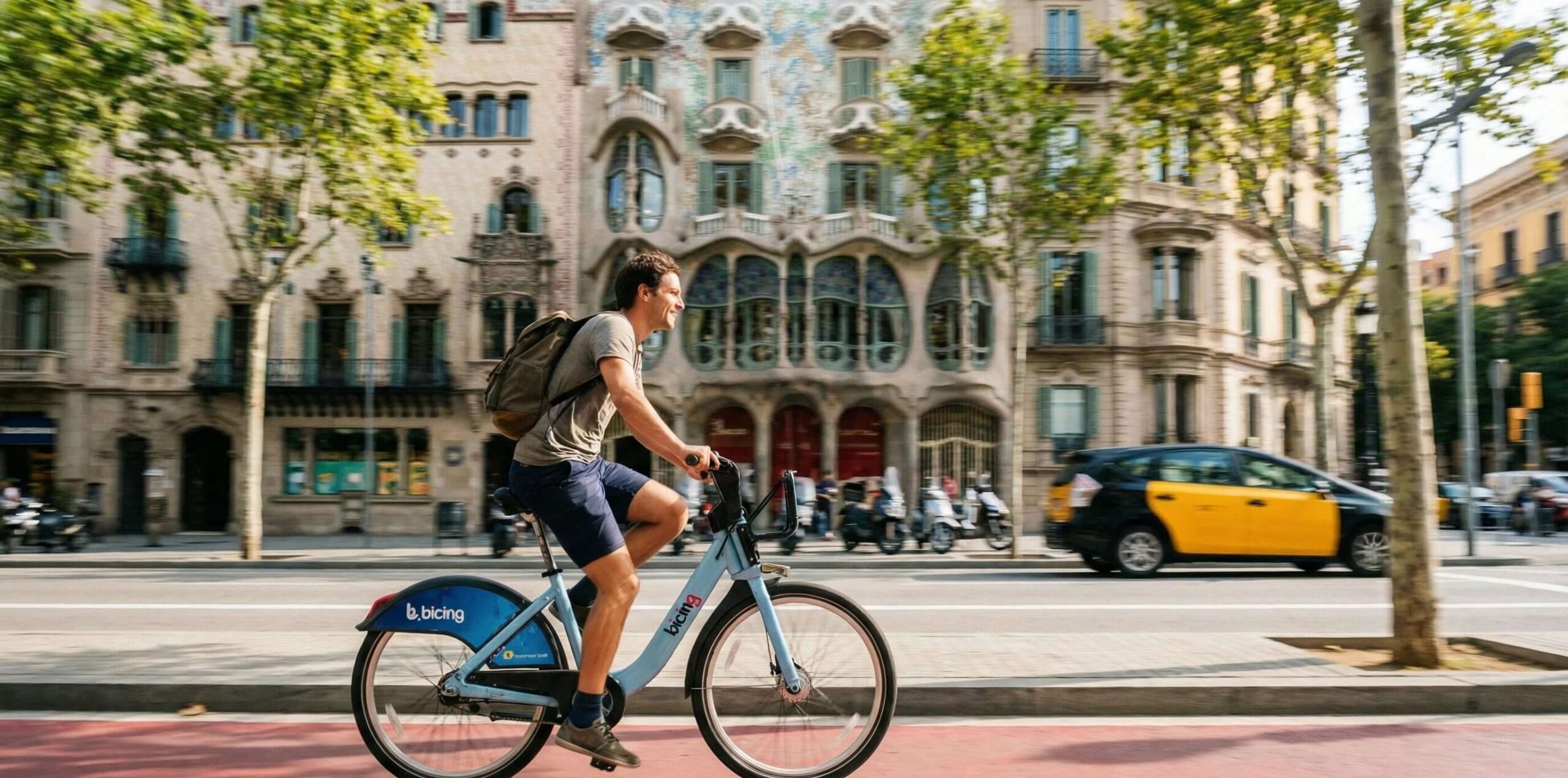 Hombre circulando en una bicicleta eléctrica Bicing por el carril bici frente a la Casa Batlló.