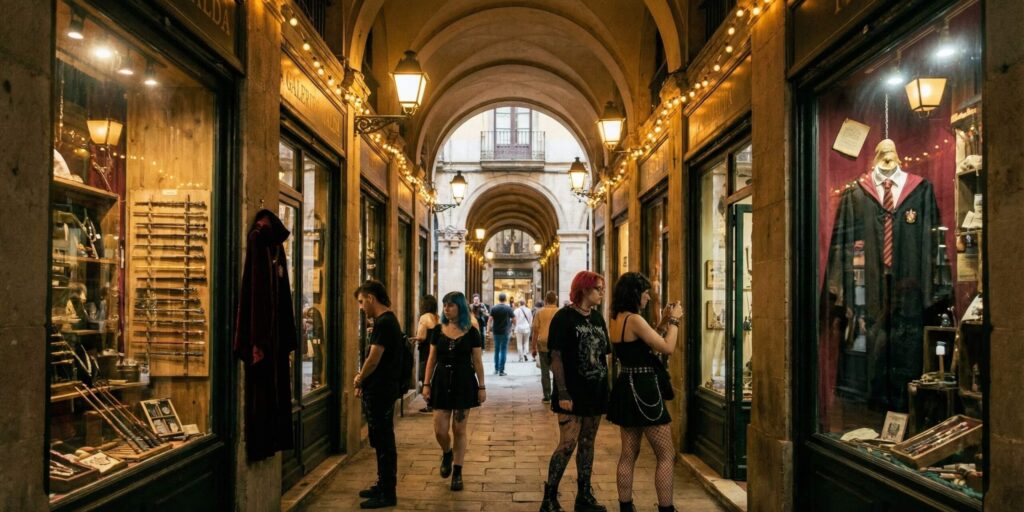 Pasillo de las Galeries Maldà con tiendas temáticas de Harry Potter y ropa alternativa.
