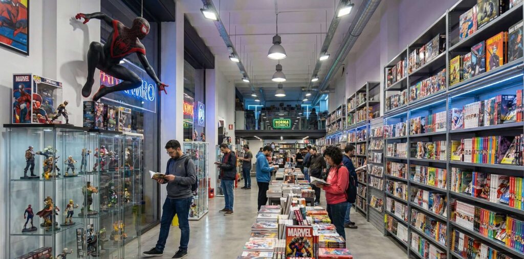 Interior de la tienda Norma Comics en Barcelona con figura gigante de Spiderman.