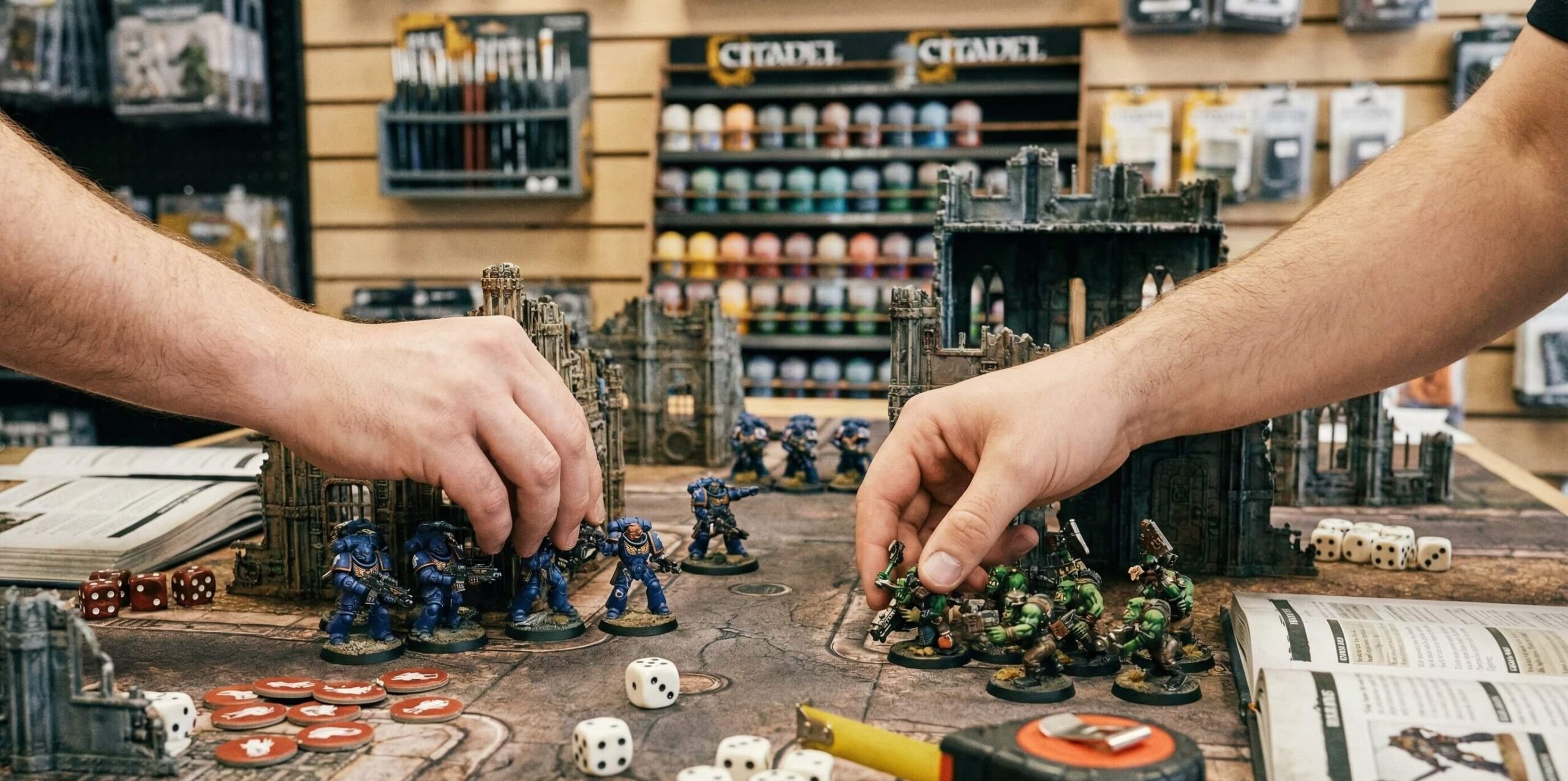 Jugadores moviendo miniaturas en una partida de Warhammer en tienda especializada.