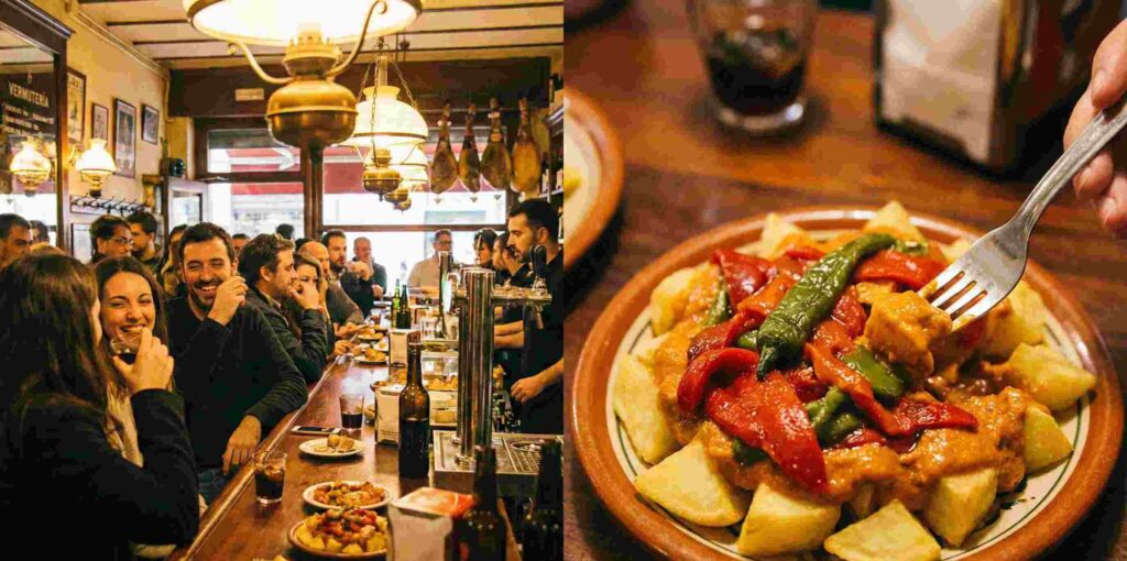 Ambiente interior del Bar Tomàs lleno de clientes comiendo tapas en la barra.