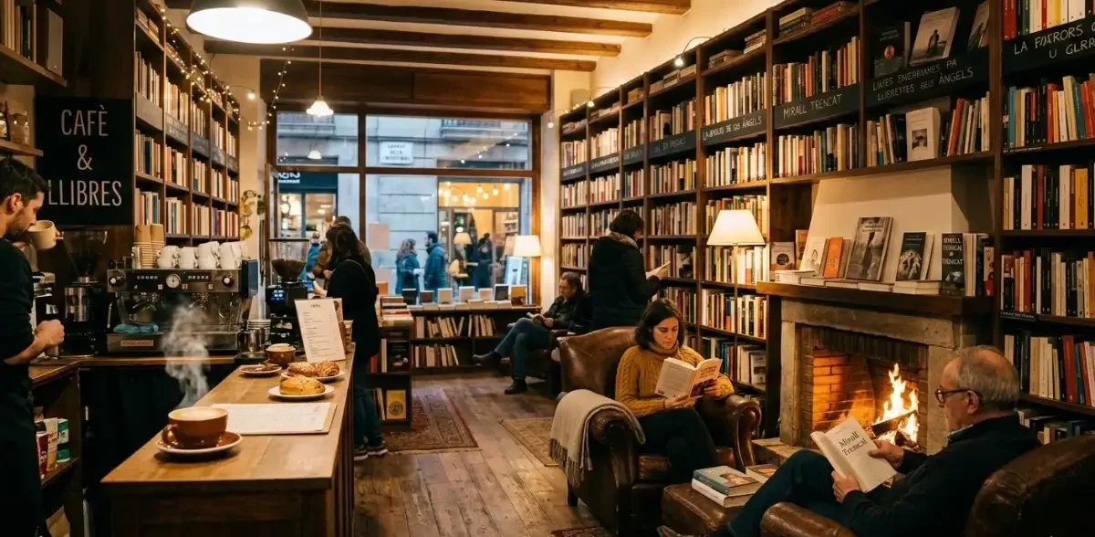 Interior acogedor de la librería Byron en Barcelona con chimenea y sofás.