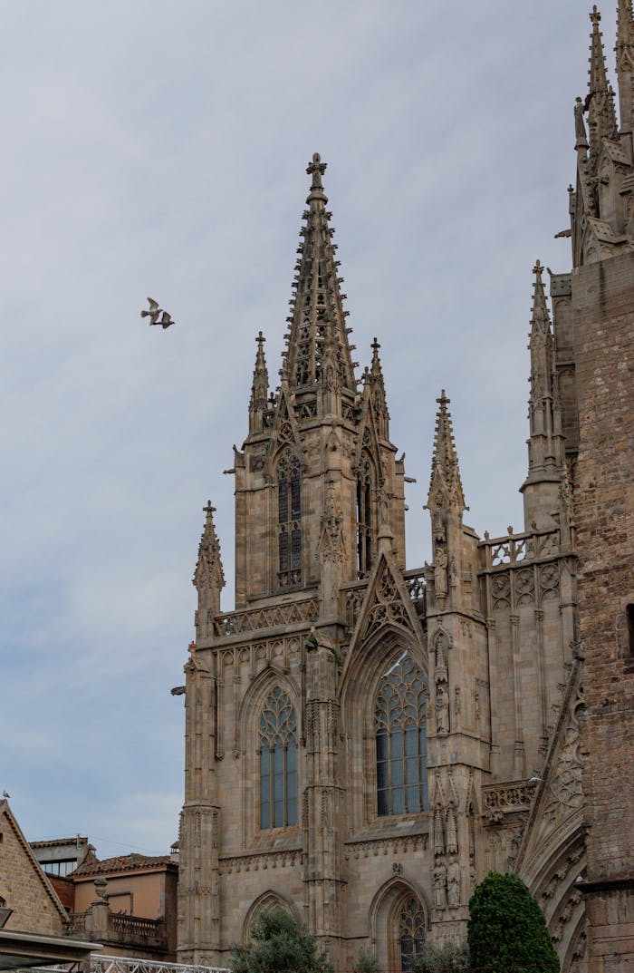 Stunning gothic spires of the Barcelona Cathedral under a blue sky.