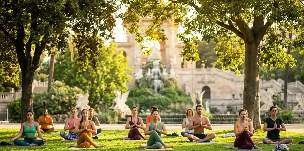 Grupo de personas practicando yoga al aire libre en el Parc de la Ciutadella.