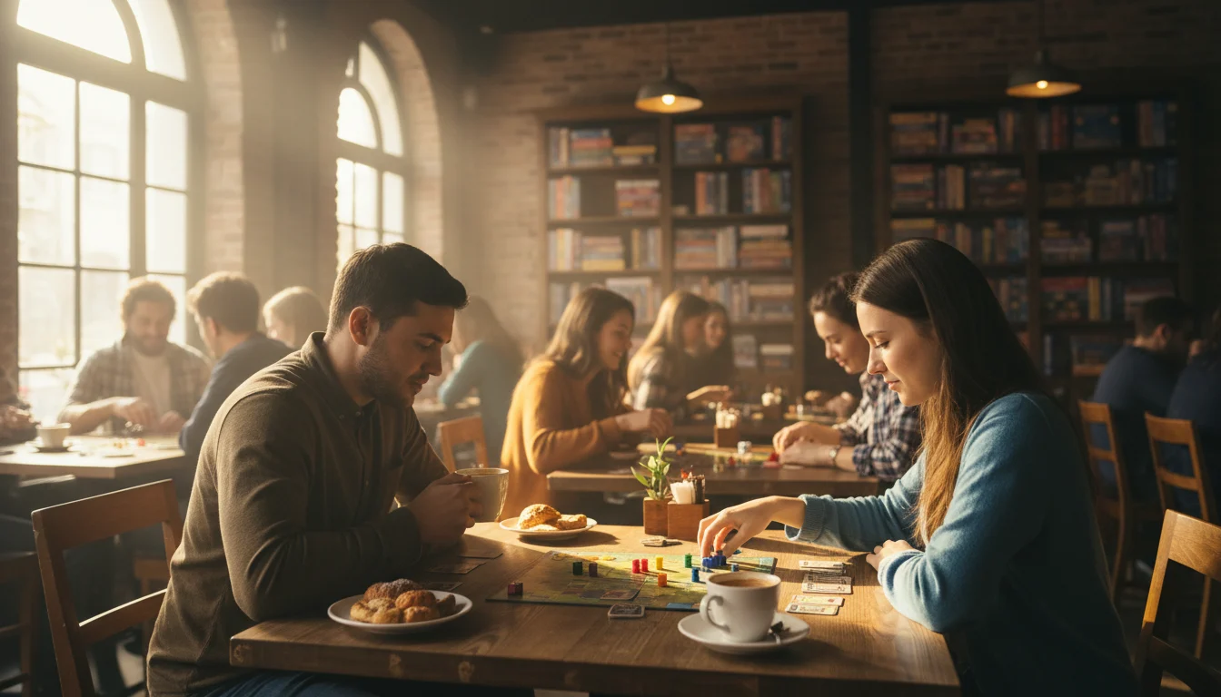 Amigos concentrados y riendo mientras juegan a un juego de mesa en una animada cafetería, ideal para las cafeterías de juegos de mesa.