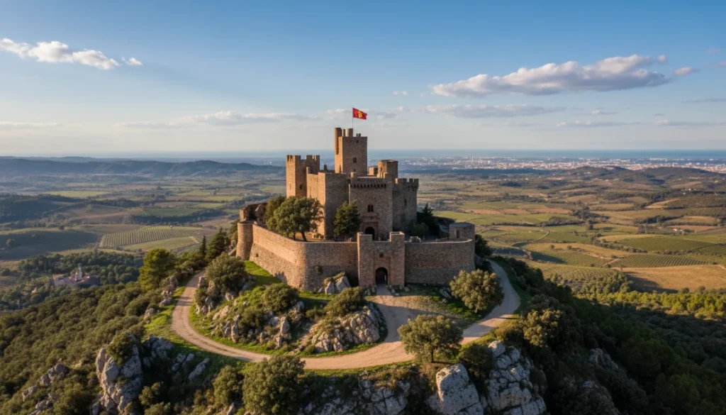 Vista aérea de un majestuoso castillo medieval en Cataluña, rodeado de naturaleza. Explora los castillos cerca de Barcelona.