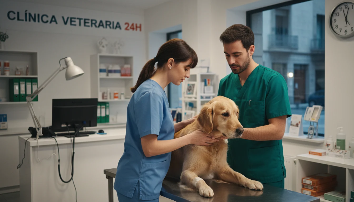 Veterinario atendiendo a un perro durante una urgencia nocturna en una clínica veterinaria 24 horas, transmitiendo confianza y cuidado.