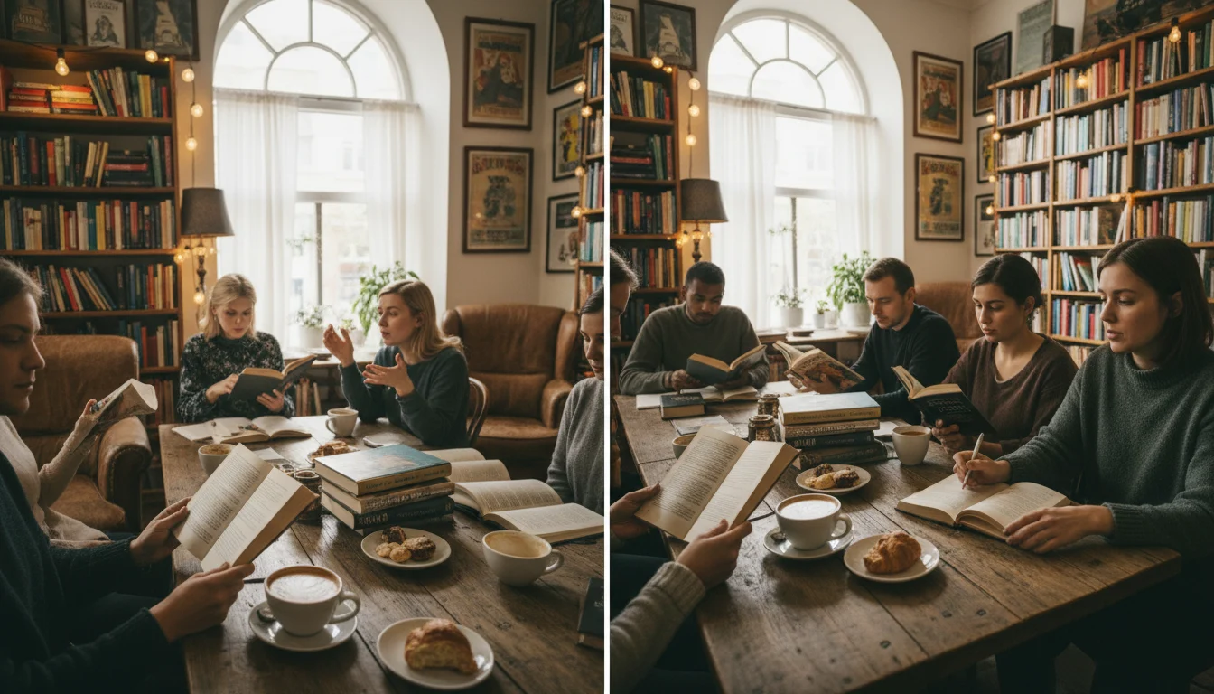 Personas en un club de lectura, libros y café, en un ambiente acogedor. Refleja la conexión y cultura de los clubs de lectura y cafés literarios.