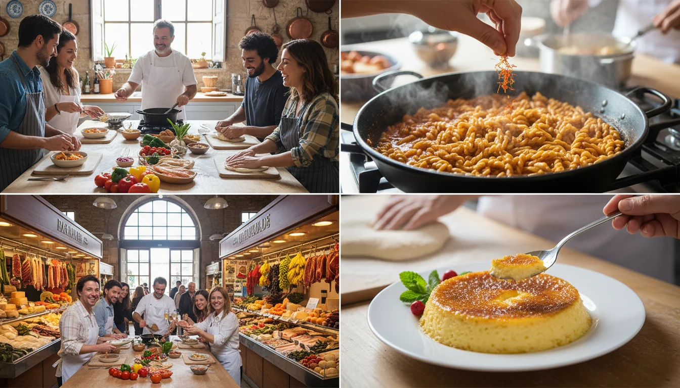 Grupo de alumnos cocinando paella en un curso de cocina catalana en Barcelona, con ingredientes frescos y un chef guiándolos.