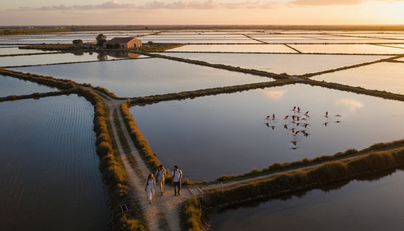 Vista aérea de los arrozales y lagunas del Delta del Ebro con flamencos, destacando la belleza natural del paisaje en una escapada.