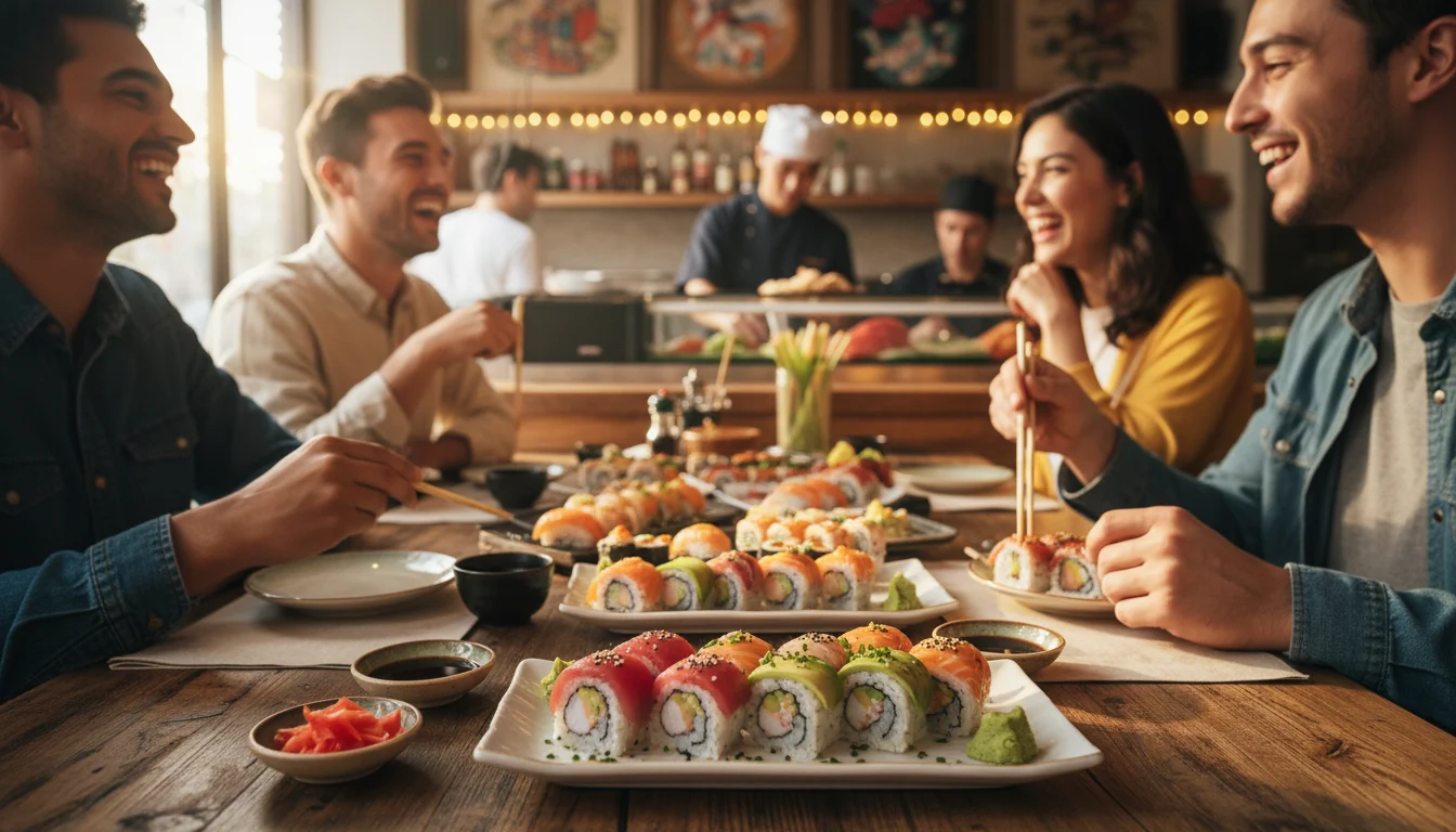Un plato variado de sushi fresco y colorido, con nigiris y makis, listo para ser disfrutado a un precio asequible.