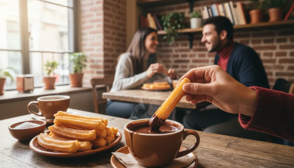 Plato con churros recién hechos y una taza de chocolate espeso, destacando los mejores churros con chocolate.