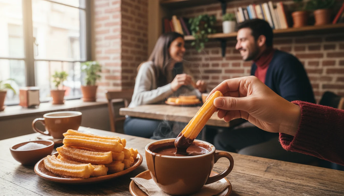 Plato con churros recién hechos y una taza de chocolate espeso, destacando los mejores churros con chocolate.
