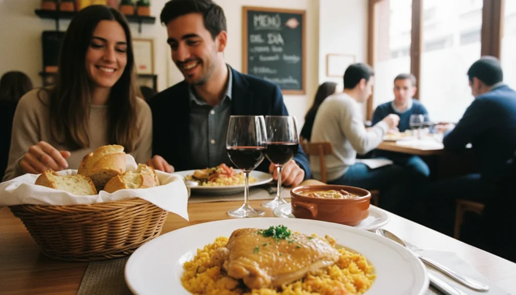 Un apetitoso menú del día con varios platos caseros en una mesa de restaurante, simbolizando una comida buena y barata en España.