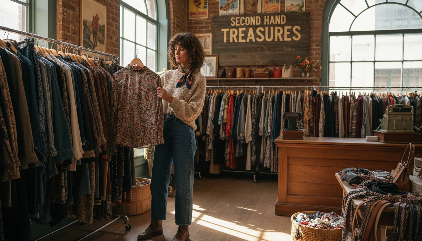 Mujer joven explorando percheros llenos de ropa vintage a buen precio en una tienda, buscando tesoros de moda sostenible.