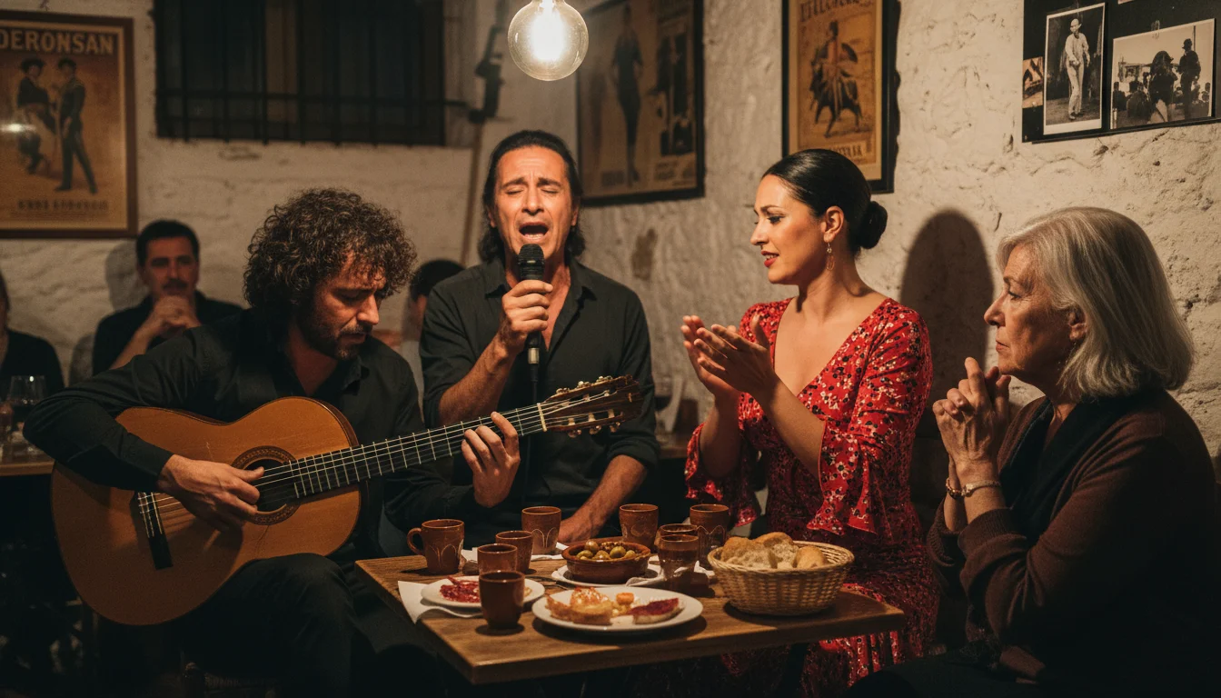 Cantaor y bailaora en plena actuación en un tablao íntimo, capturando la esencia del flamenco auténtico.