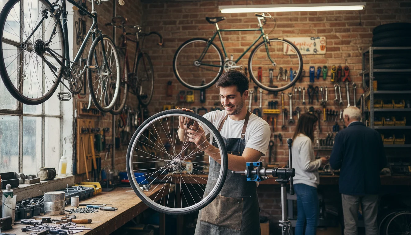 Persona reparando una bicicleta de montaña con herramientas básicas en un taller casero, enfocada en arreglar bicicleta económica.