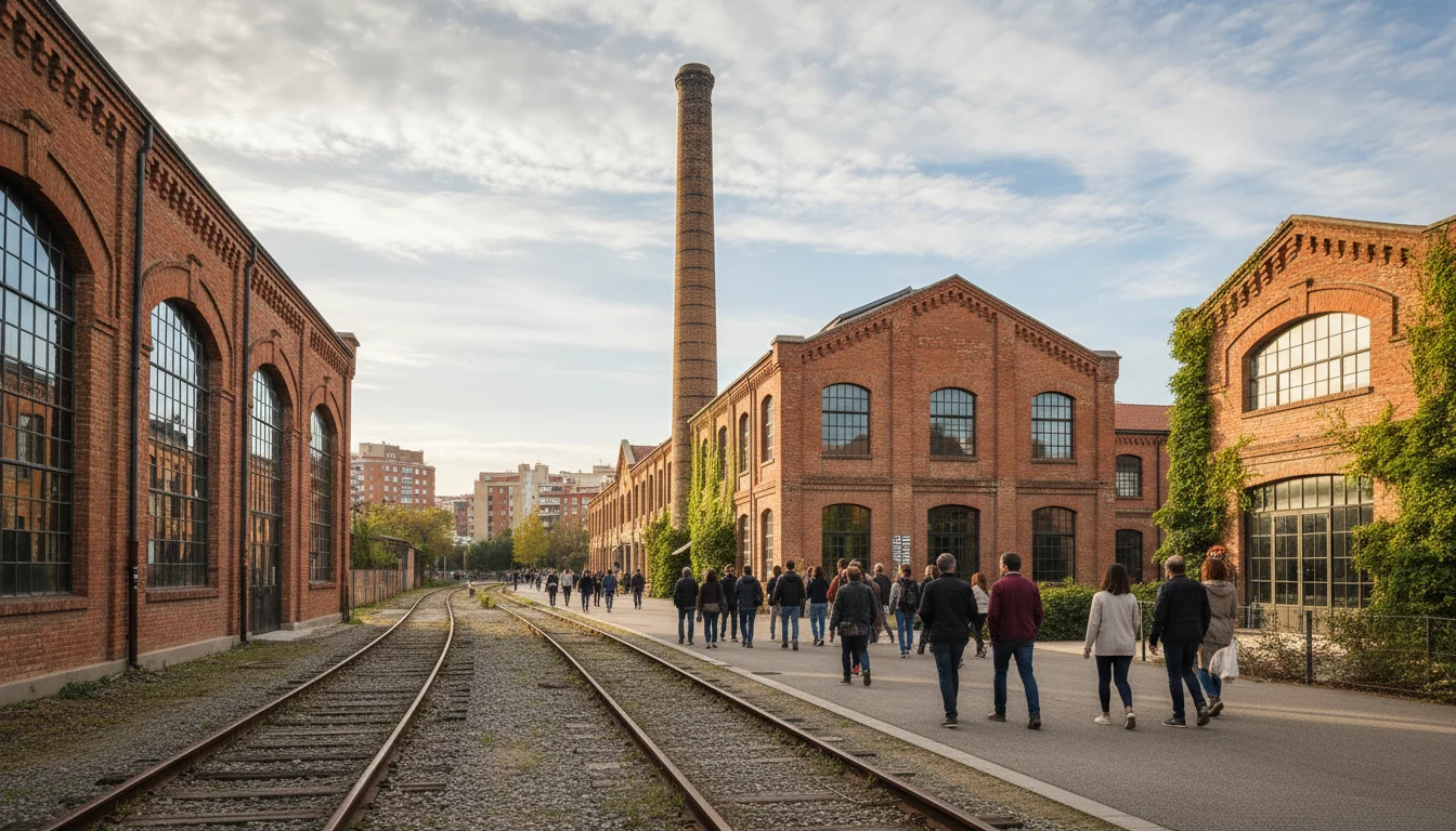 Antigua fábrica Fabra i Coats en Sant Andreu, Barcelona, con sus chimeneas y arquitectura de ladrillo, símbolo del patrimonio industrial del barrio.