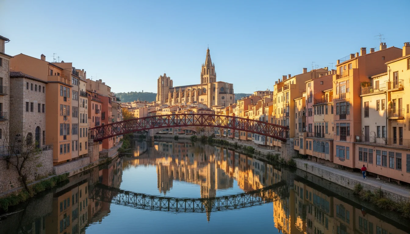 Casas de colores a orillas del río Onyar en Girona, con el Pont de Pedra. Una postal icónica para ver Girona en un día.