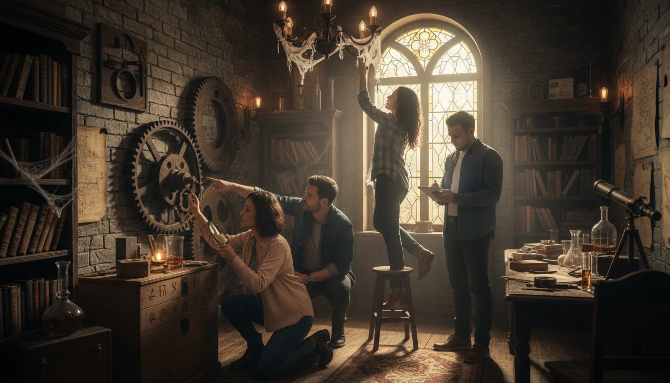 Grupo de amigos resolviendo un puzle en un escape room inmersivo, buscando los mejores escape rooms con la guía de expertos.