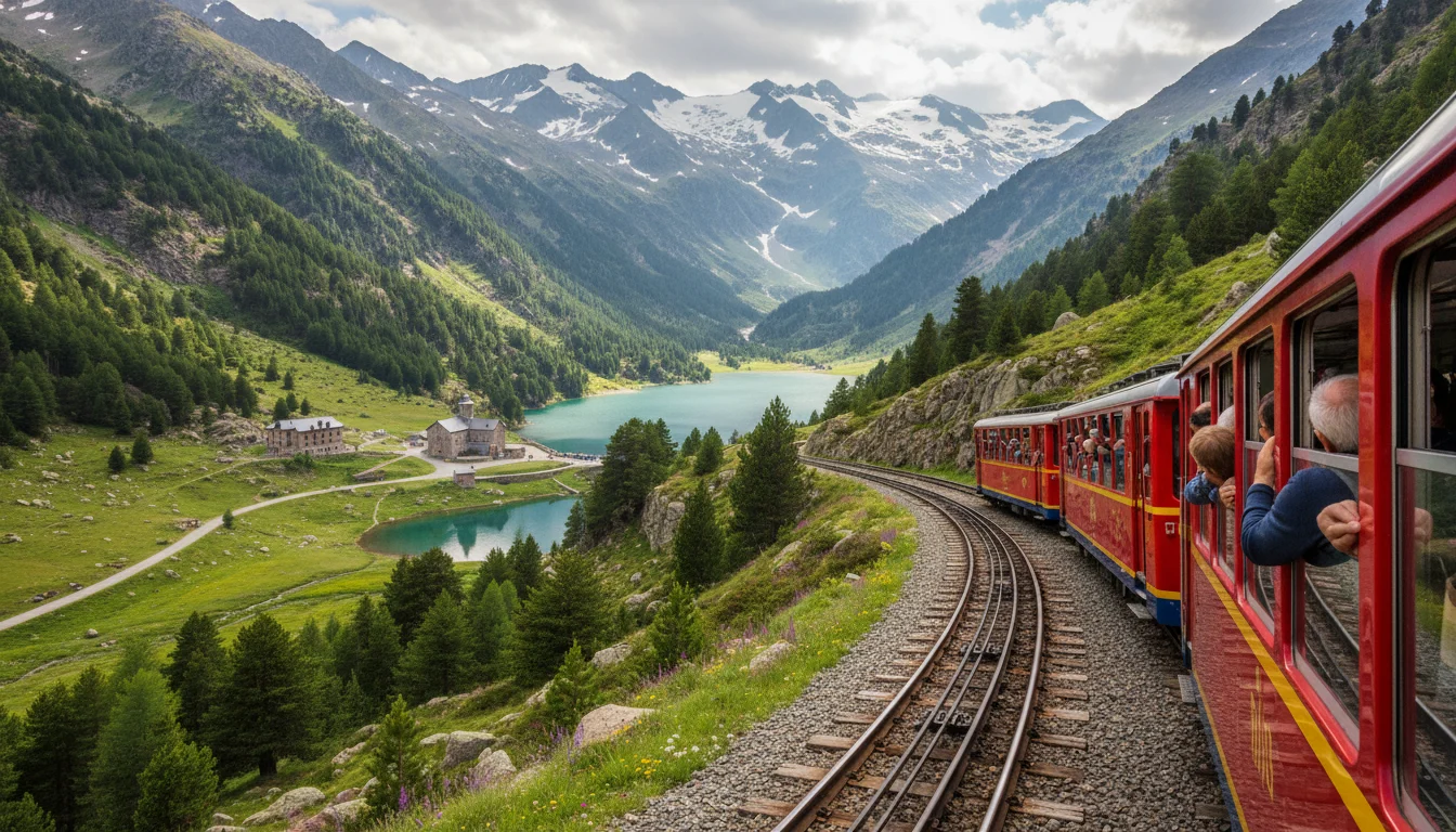 Vista panorámica de la Vall de Núria con su lago glaciar, el santuario y el cremallera, en el Pirineo catalán.