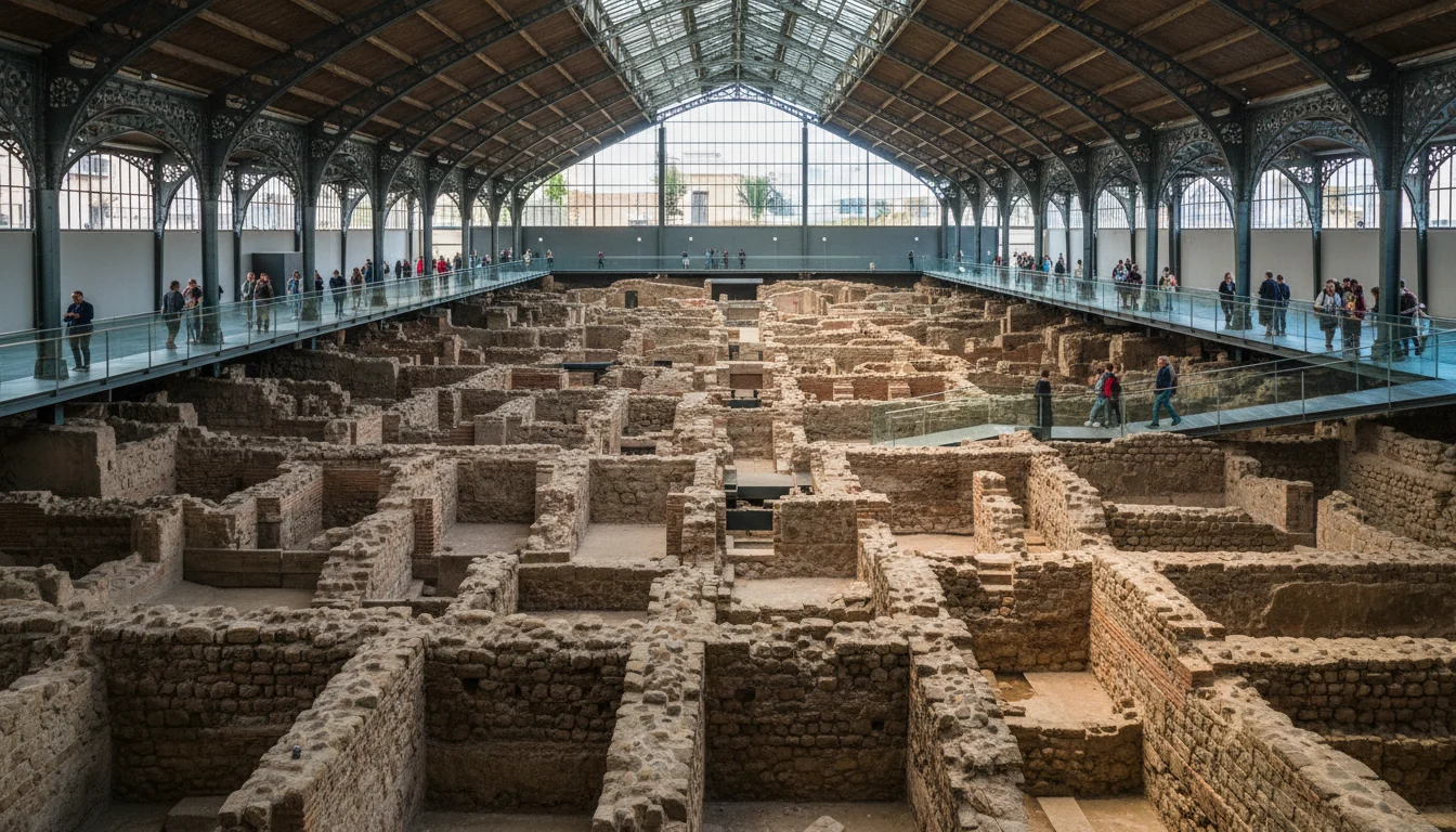 Vista aérea de las ruinas de calles y casas del siglo XVIII bajo el Born Centre Cultural de Barcelona, testimonio de 1714.