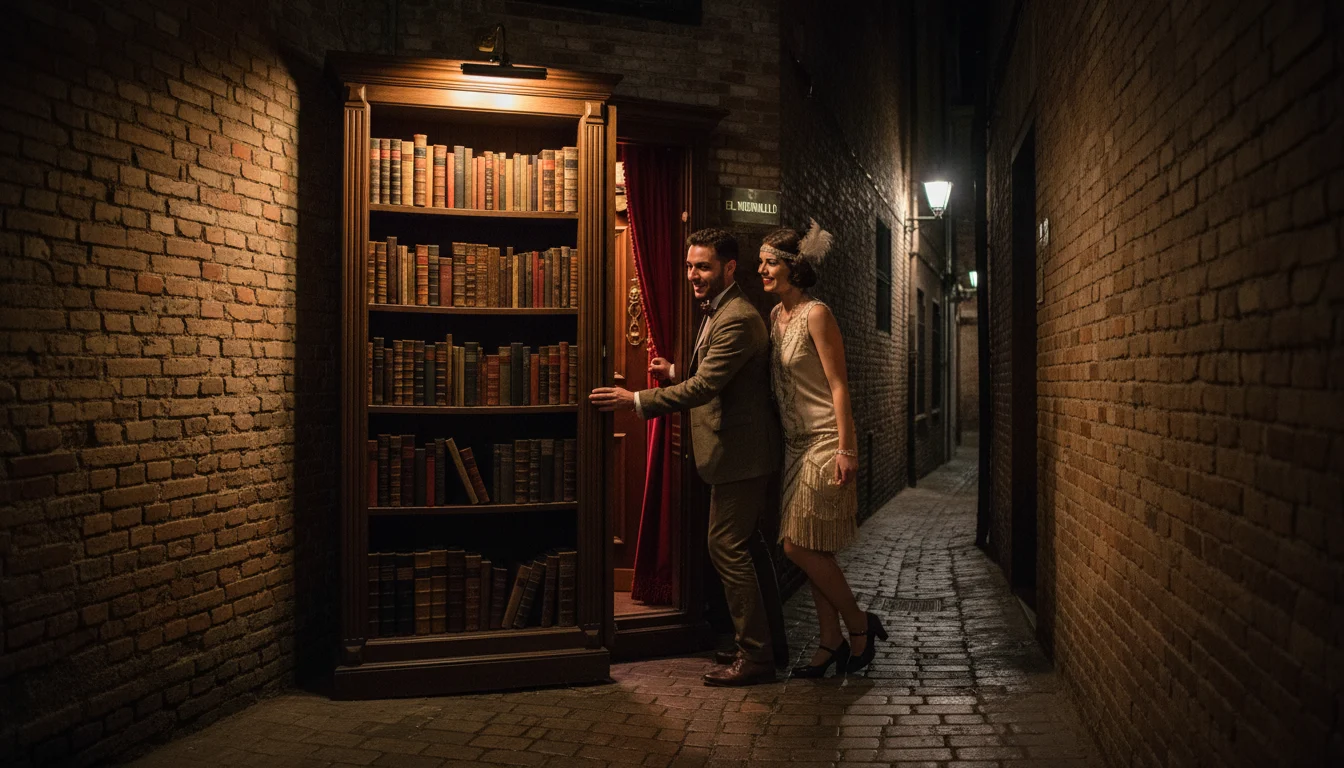 Entrada secreta a una coctelería clandestina moderna, con luz tenue y cócteles elegantes, evocando la era de los speakeasies.