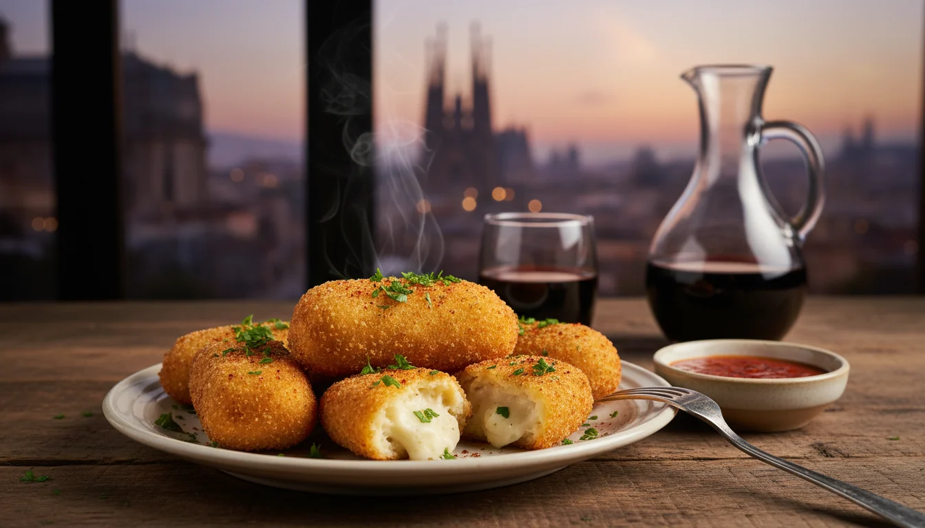 Deliciosas croquetas de jamón ibérico, doradas y cremosas, servidas en un bar de tapas barcelonés. Las mejores croquetas Barcelona.