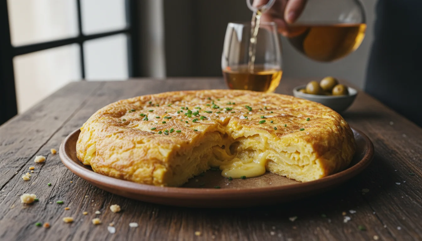 Pincho de tortilla de patatas jugosa y dorada sobre un plato blanco en un bar tradicional de Barcelona, destacando su cremosidad.