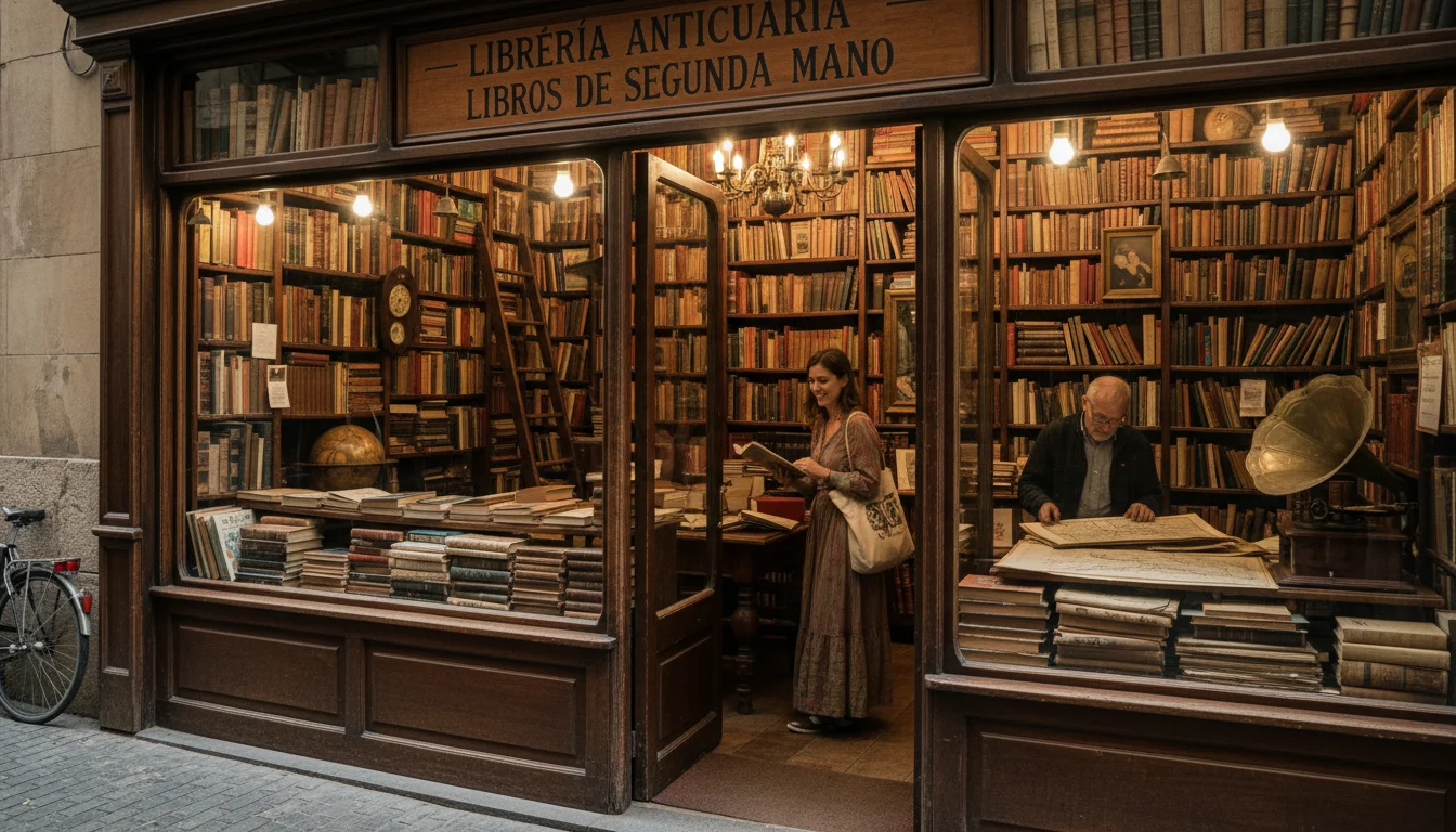Persona explorando estanterías llenas de libros antiguos en una librería de segunda mano en Barcelona. Tesoros literarios.