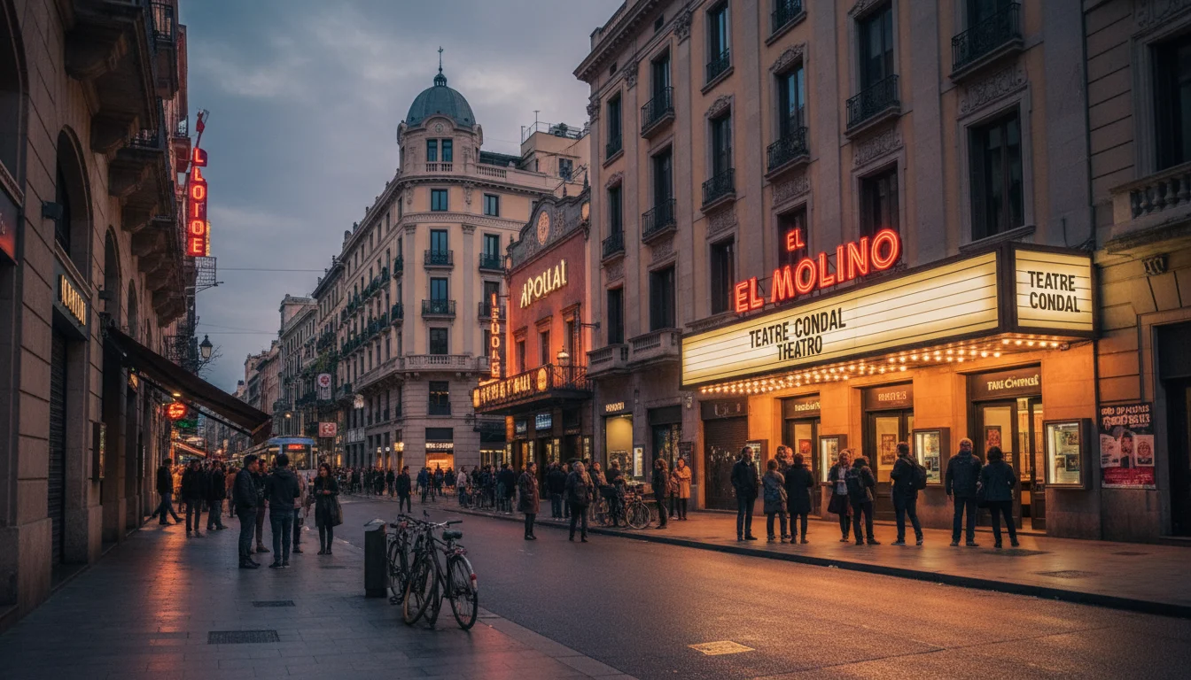 Escenario íntimo de un teatro alternativo en la Paral·lel de Barcelona, con actores y público. La esencia del teatro alternativo Barcelona.