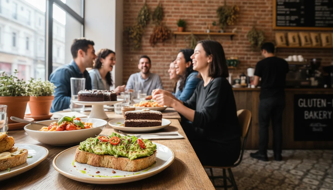 Plato de comida apetitosa sin gluten en un restaurante moderno, simbolizando la oferta culinaria apta para celíacos en Barcelona y Madrid.