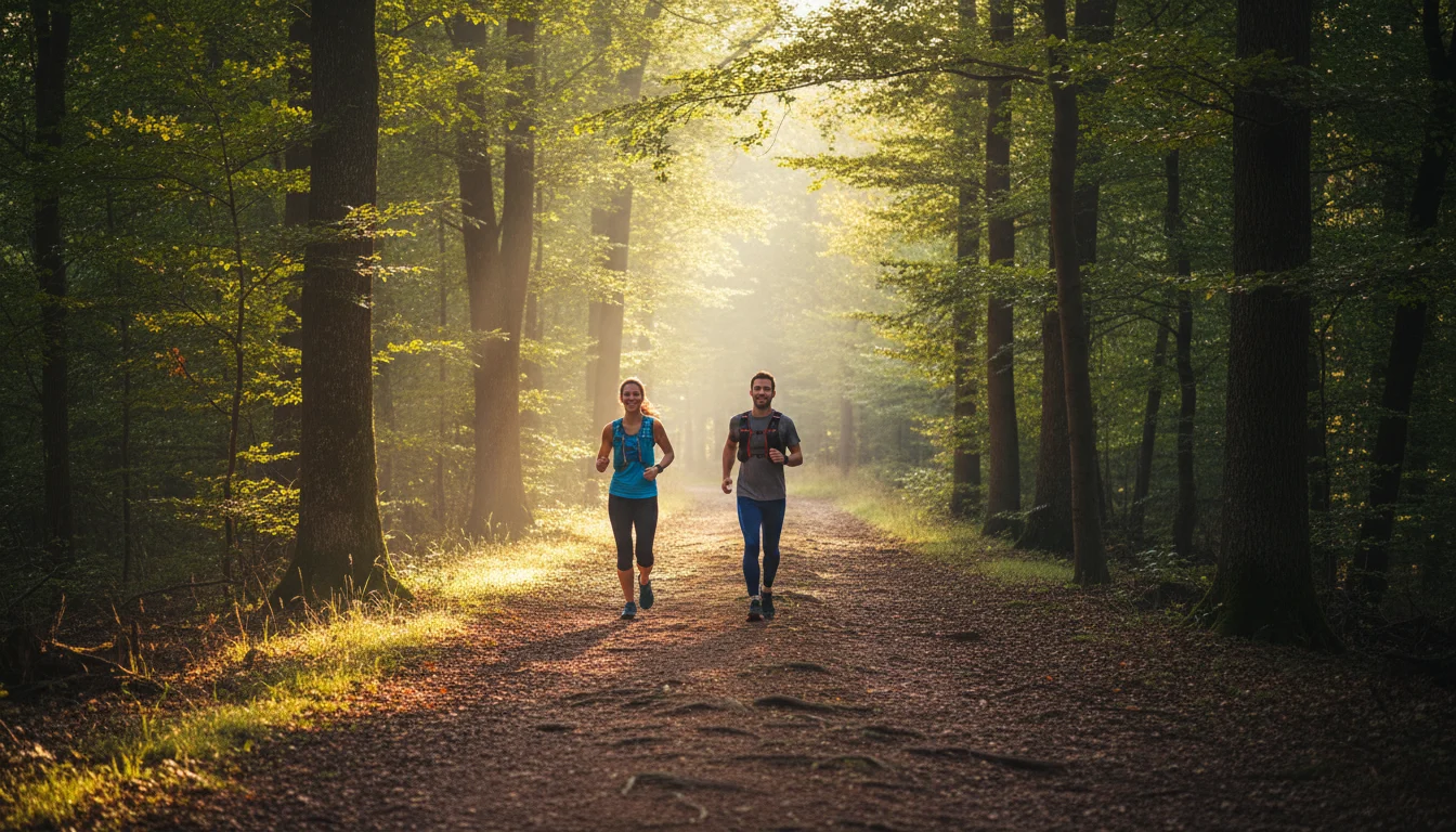 Corredora feliz disfrutando de una ruta running en un parque urbano con árboles y caminos de tierra al amanecer.