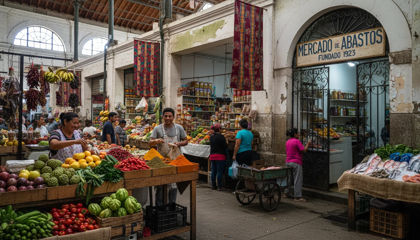 Puesto vibrante en un mercado de barrio menos turístico con verduras frescas y tenderos locales interactuando con clientes.